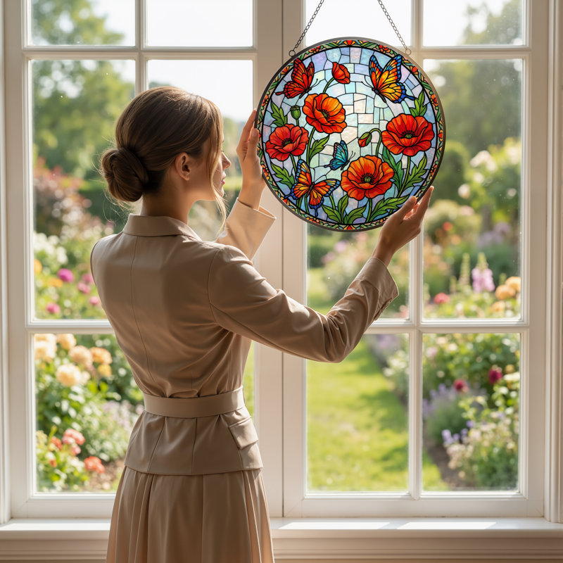 Panneau de vitrail 12 "H Poppy Butterfly, H 12 po x l 12 po