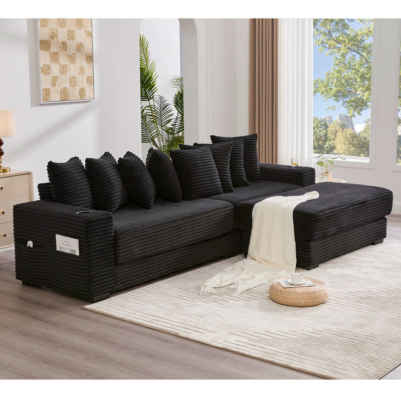 Canapé modulaire en L 110,75 po, canapé modulaire en velours côtelé, avec repose-pieds mobile, porte-gobelets, 8 coussins décoratifs, poche latérale, déplier dans un lit