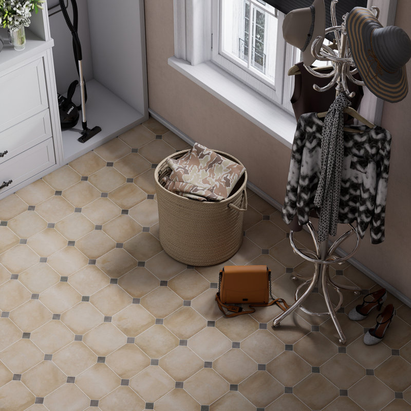 Laverton Octagon W/Taco 7-7/8 In. X 7-7/8 In. Porcelain Floor And Wall Tile, Dark Beige/Dark Gray