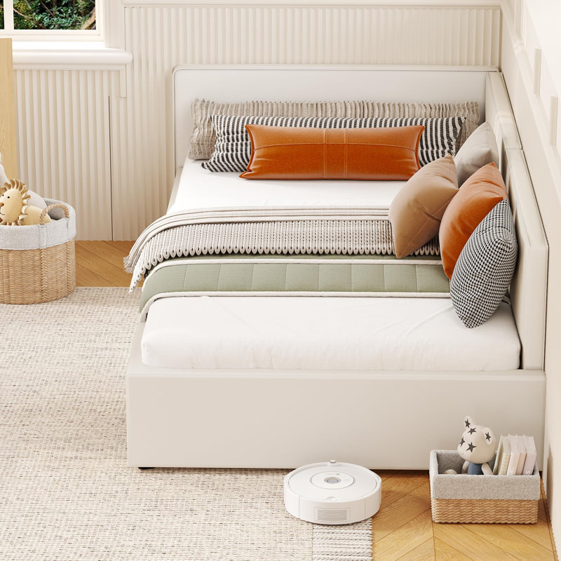 Lit de jour simple rembourré en tissu doux avec tête de lit et garde-corps Modern Modern Soft, White