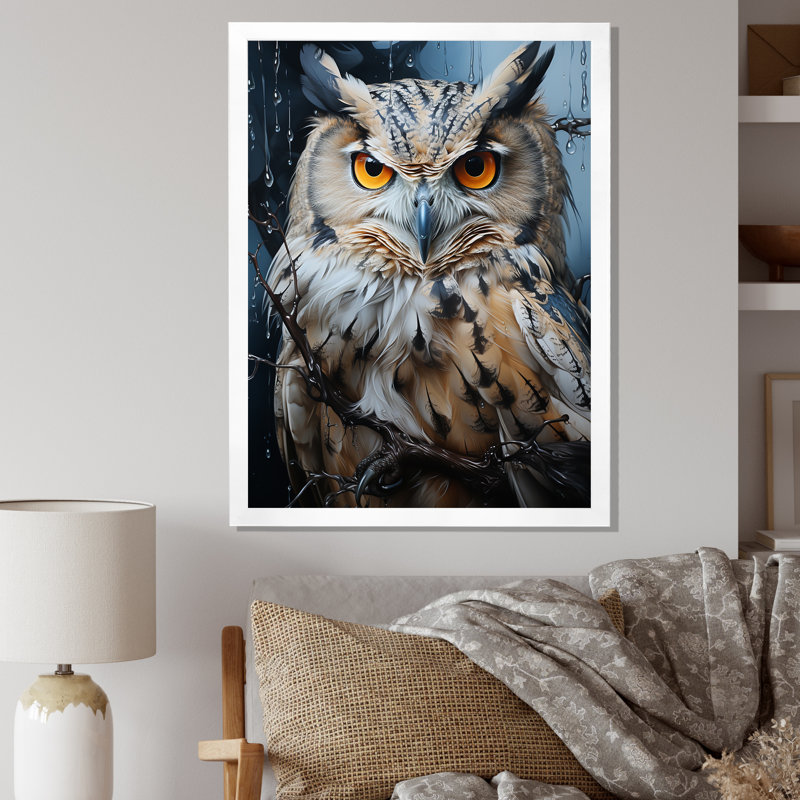 «Grey Owl Nights Watch I», art mural hibou, H 32 po x l 24 po x P 1 po, Cadre simple blanc