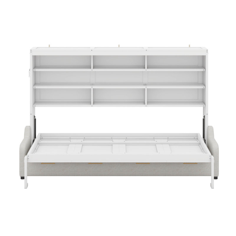 Grand lit escamotable avec canapé pliant et tablettes de rangement intégrées, cadre de lit mural peu encombrant avec lumières DEL
