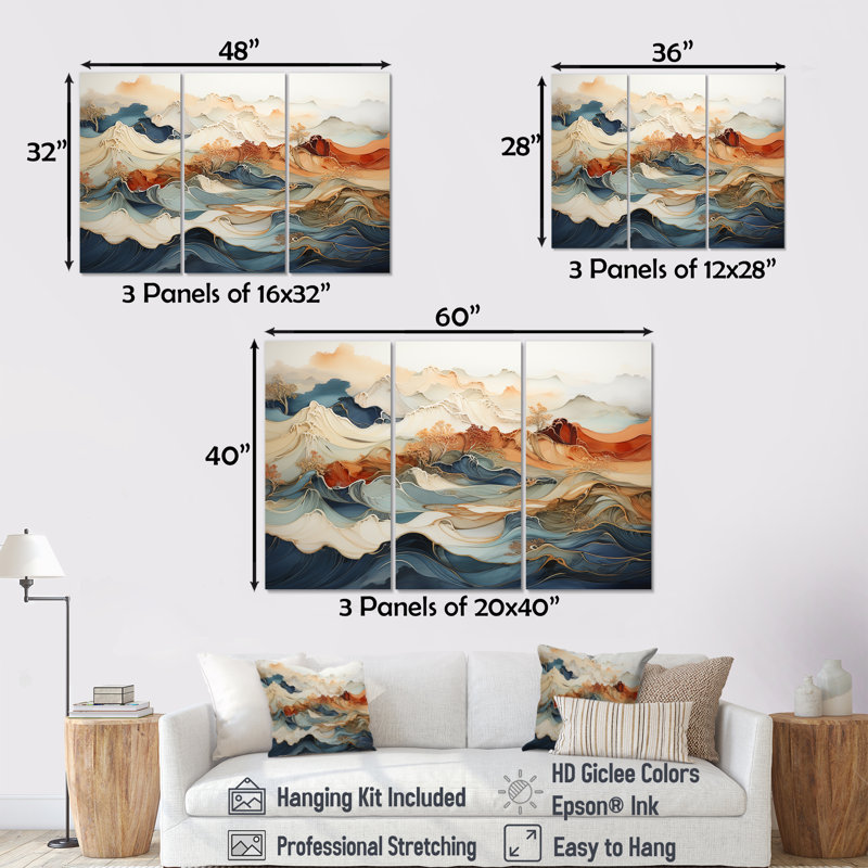 Abstrait orange et bleu, rivière bleue, encre III, ensemble d'art sur toile marbrée, H 32 po x l 48 po x P 1 po, Toile tendue