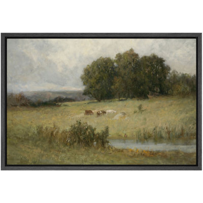 Pastoral Meadow With Cows Landscape Artwork, Living Room Dining Room Pictures, Framed Canvas Giclee Print Wall Art
