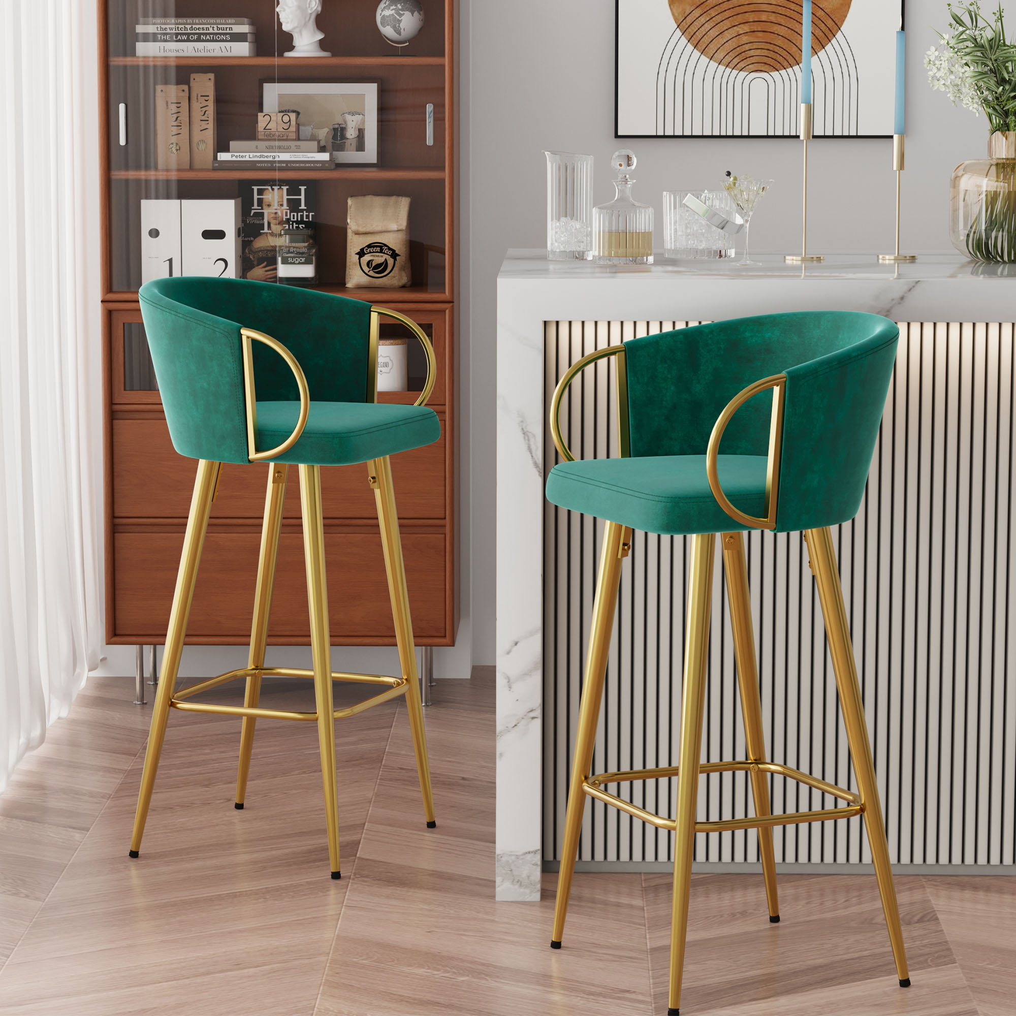 Willa Arlo Interiors Irvington Velvet Counter Height Bar Stools, Bar Stools  with Golden Armrest & Reviews | Wayfair