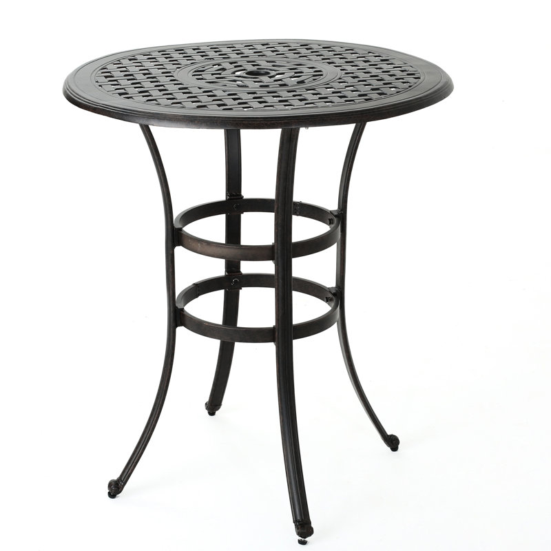 Table de bar traditionnelle en fonte d'aluminium avec plateau en bronze foncé, antirouille, trou de parasol central, 37,78 po x 40,51 avec motif, abat-jour en bronze, dimensions de 37 po et 41,5 po
