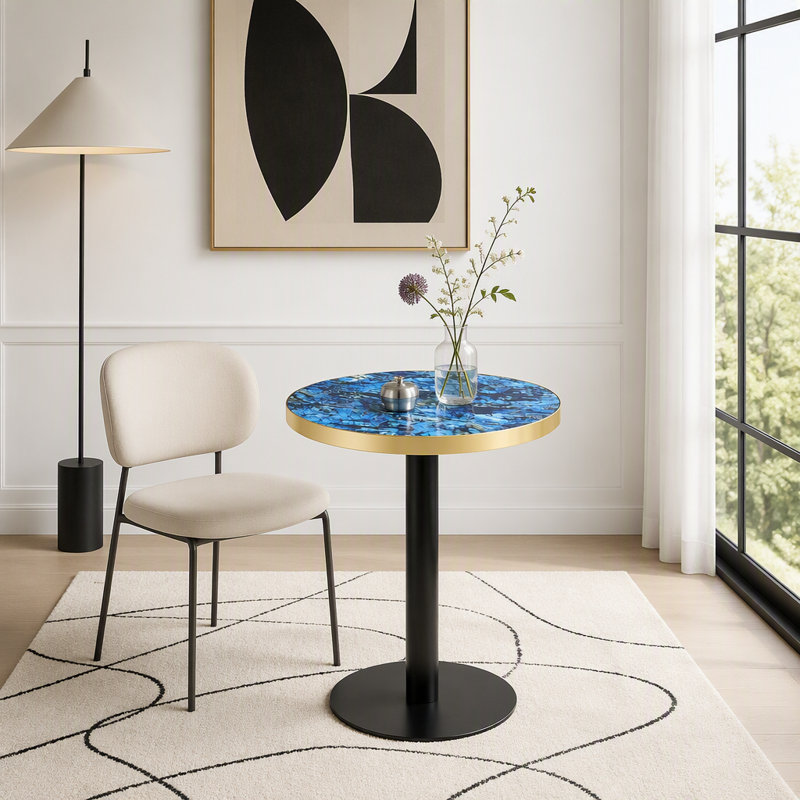 Table bistro ronde de 23,6 pouces avec bordure en acier inoxydable, Black,Gold+Blue
