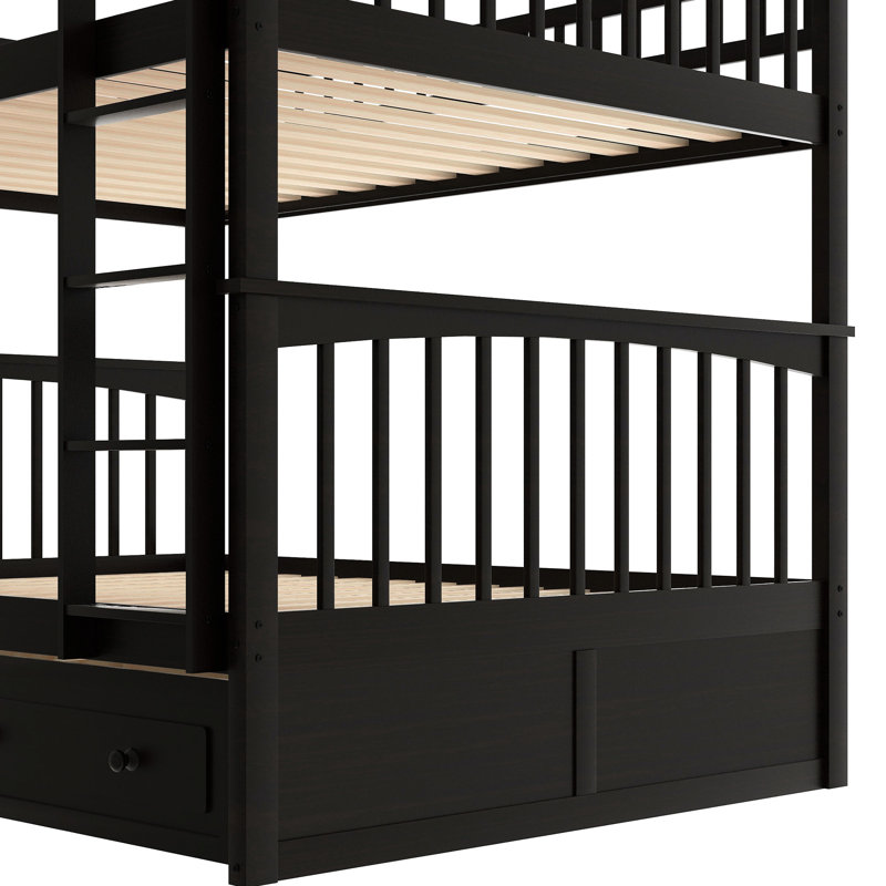 Lit double superposé au-dessus, tiroirs, option convertible, bois de pin massif, cadre, barrières de sécurité en forme de clôture, tâche d'assemblage rapide au-dessus du lit et matériau, tiroirs avec poignées à roulettes, processus de mise en place facile