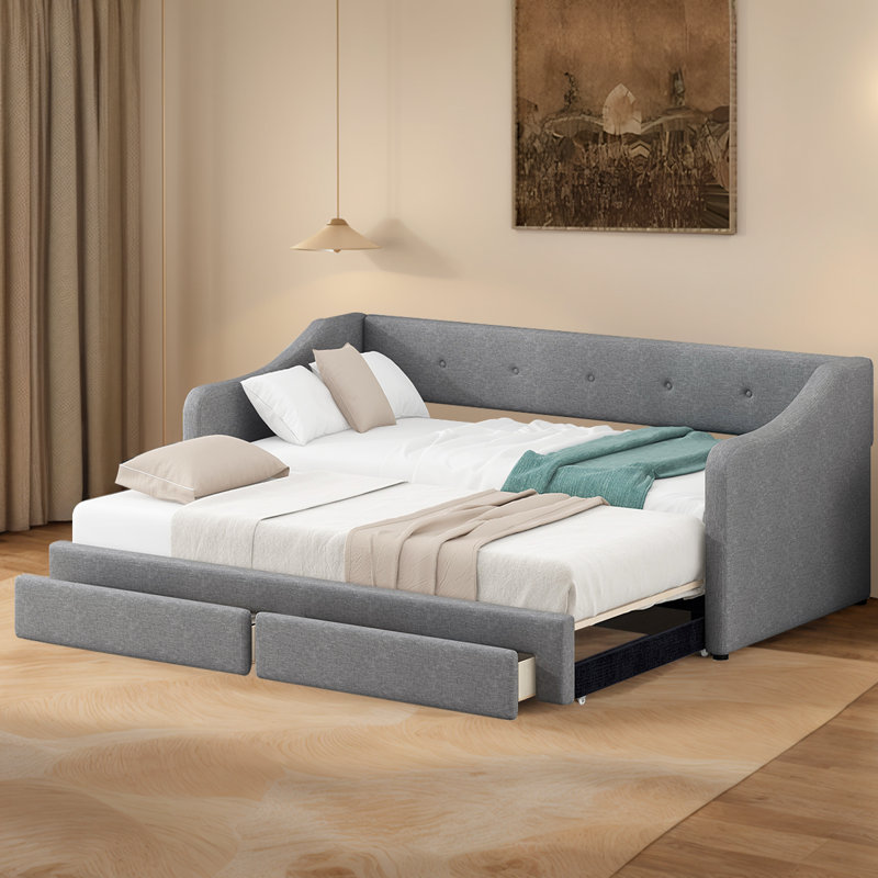 Convertible Twin XL To King Daybed With Upholstered Design And Storage Drawers, Gray