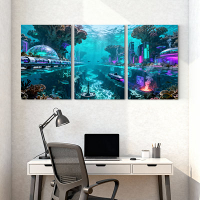 Fantasy and Sci-Fi Underwater City Futuristic Landscape Neon Lights Coral Reef Submarine Transport, ensemble de 3 impressions d'art sur toile