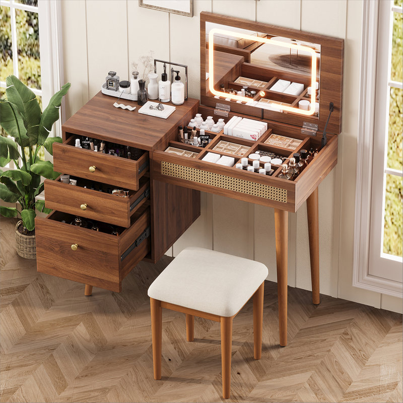 39 Inch Retro Bohemian Style Vanity Desk With Mirror, LED Lights, And Storage, Perfect For Makeup And Small Spaces