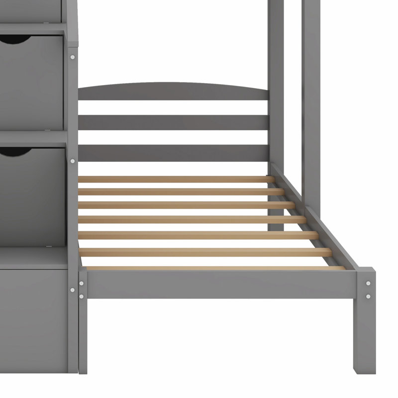 Lit superposé avec escalier intégré et tiroir de rangement, Gris