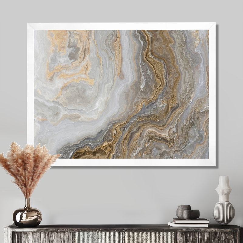 Art mural en marbre - marbre blanc avec veines de gris Curley et or - reproduction d'art sur toile, H 24 po x l 32 po, Blanc