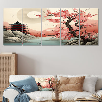 Japanese Pagoda Cherry Blossom Vintage River - Japon Landscape Wall Art Decor Set 5 Piece