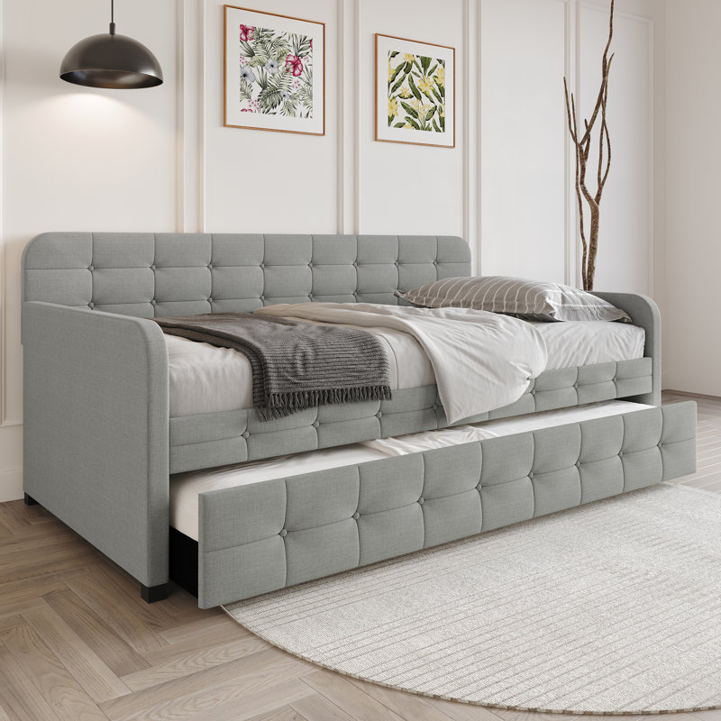 Friedlenchen Upholstered Linen Daybed with Trundle Bed, Light Gray