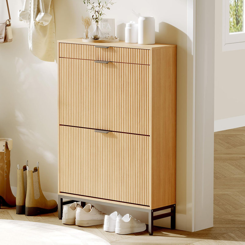 Fluted Shoe Storage Cabinet, Narrow Shoe Organizer With 2 Flip Drawers, Natural Wood
