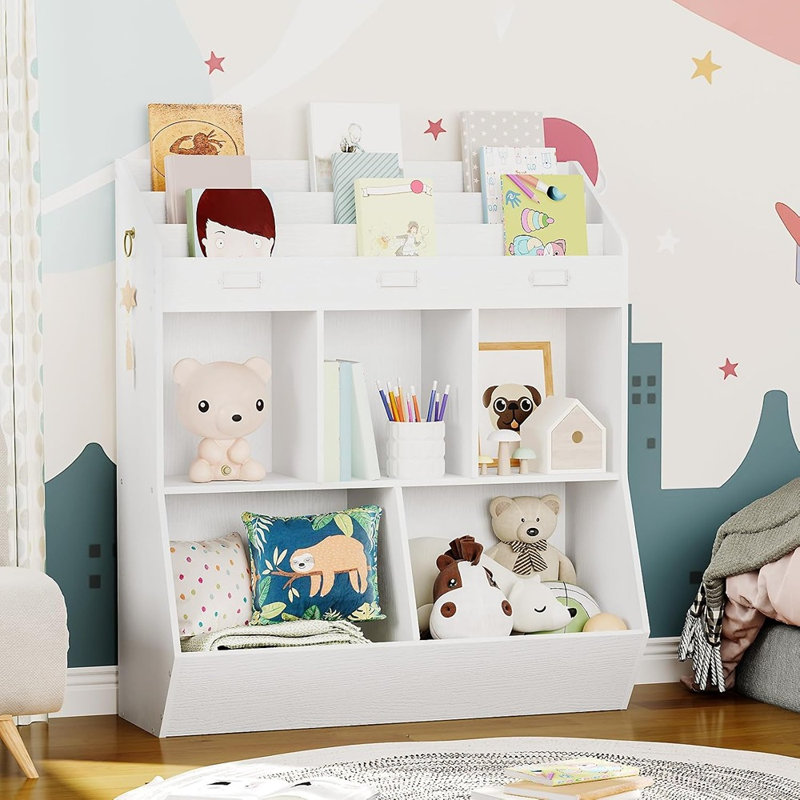 Organisateur de jouets et rangement, bibliothèque à 5 compartiments avec tablettes à 3 couches et pied de lit, pour salle de jeux, salle de jeux, chambre de bébé ou école - blanc