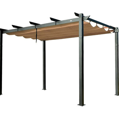 Weather- Pergola Canopy - Retractable For Garden, Deck. Aluminum Structure, Stable & Rust-. Wall Design. Protection. Dark Gray Outdoor In Frame With Canopy. , Protected. For Patio, Backyard, Deck