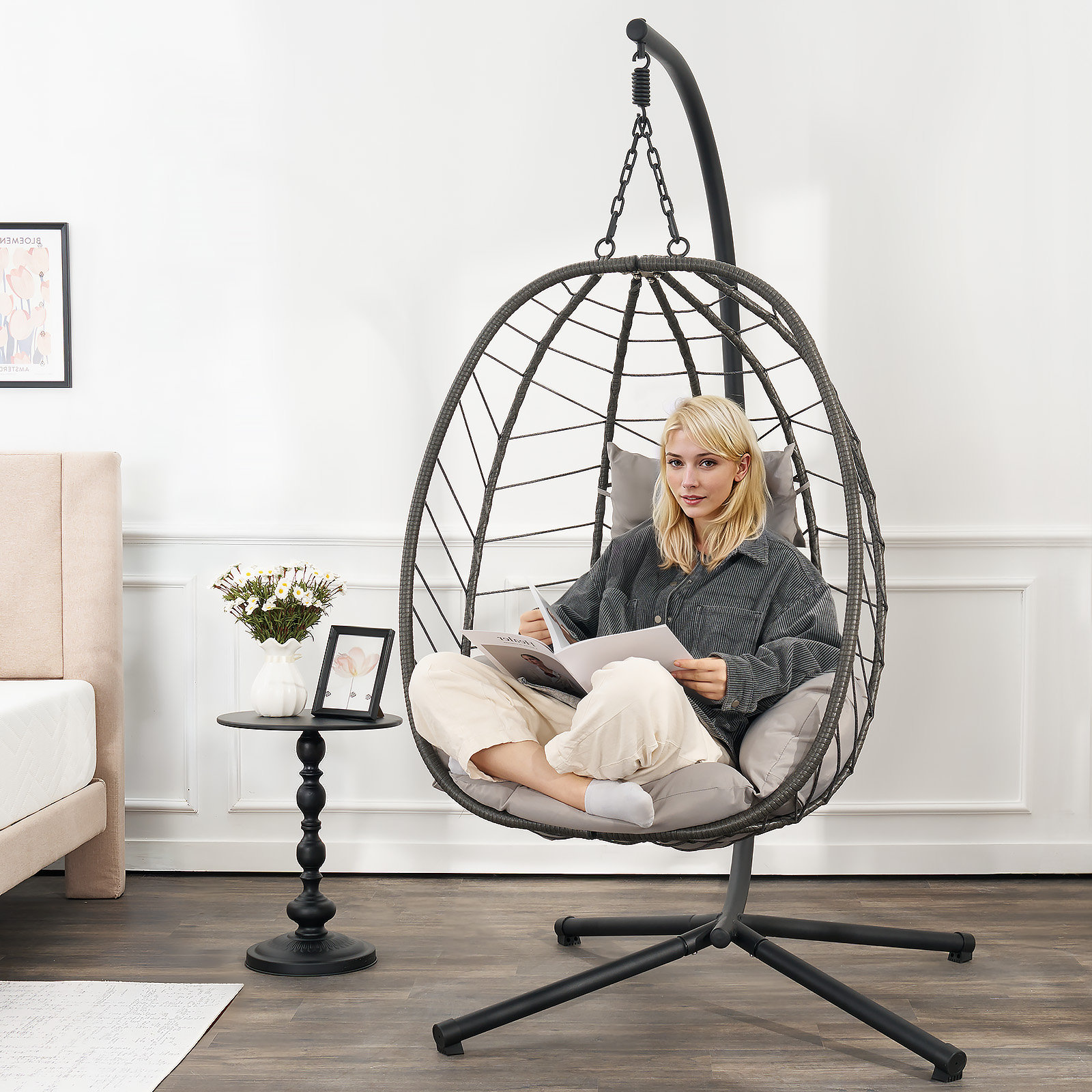 Dakota Fields PE Rattan Wicker Hanging Egg Chair with Dual Chains for