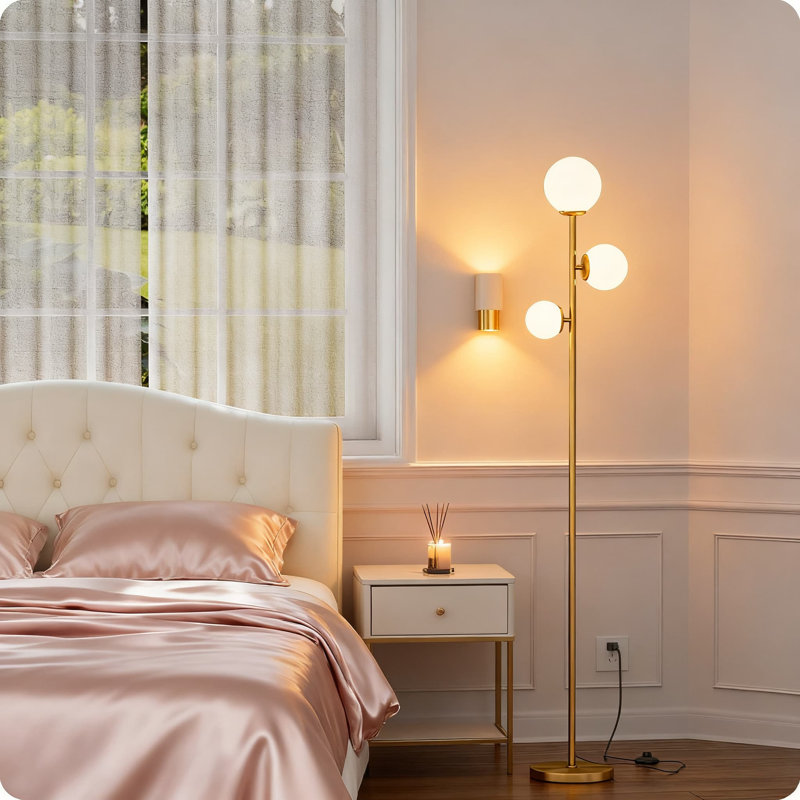 3-Tier Frosted Glass Floor Lamp With LED Bulbs, Modern Standing Lamp For Living Room, Bedroom, And Office, Easy Foot Switch Control