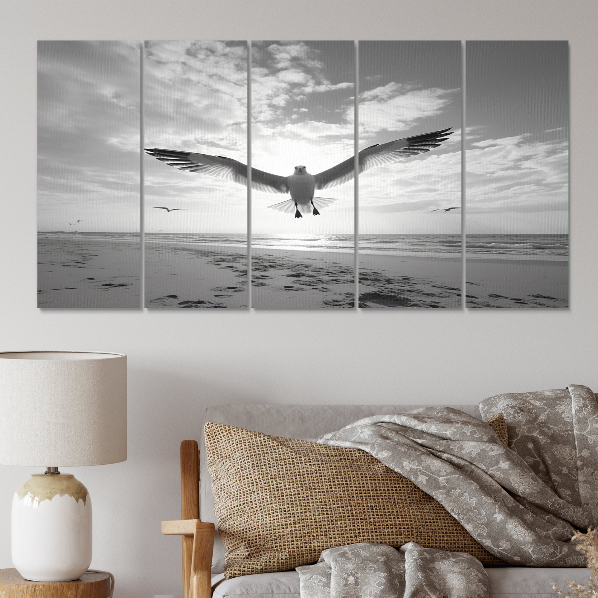 Design Art Grey Beach Seagulls In Flight II - Animals Metal Wall Decor ...