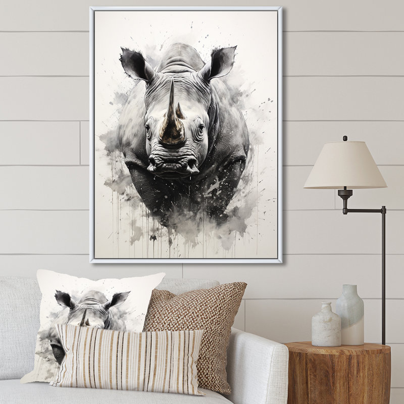 Mighty Stampede Rhinoceros I, reproduction d'art sur toile, H 40 po x l 30 po x P 1,5 po, Cadre flottant blanc