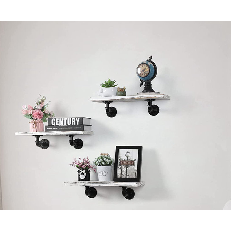 Tablettes flottantes avec tuyaux industriels, étagères de rangement murales en bois, ensemble de 3, blanc cassé, Blanc cassé