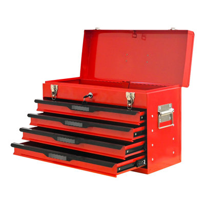 Red Steel Tool Chest With Drawers, 20 - Inch Dimensions, Bearing Slide Rails And Locking Key For Security Storage Box Smooth Sliding Drawers Comfortable Handles Easy Transport