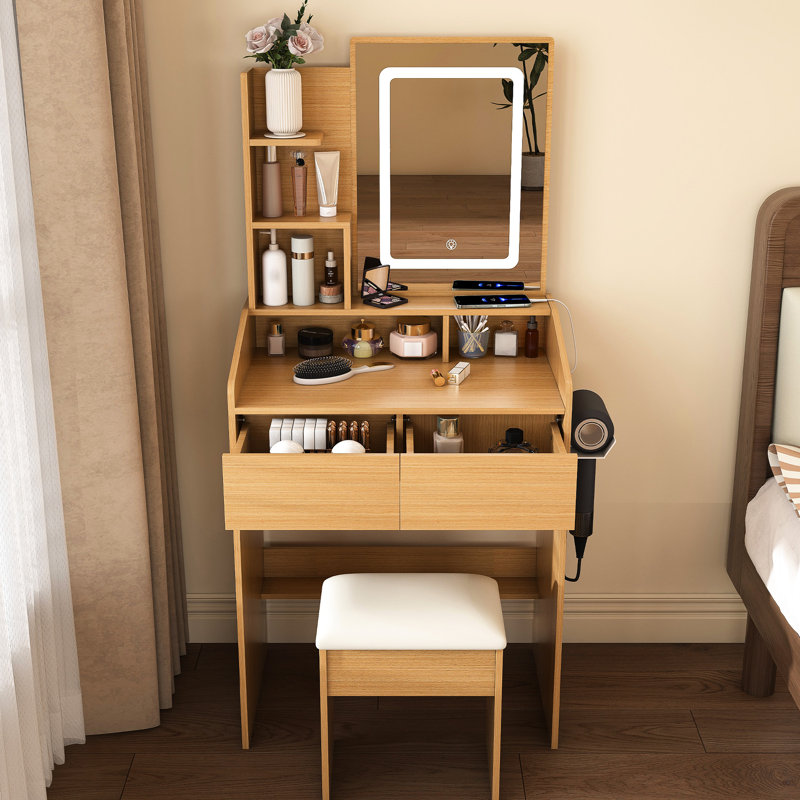 Table de coiffeuse avec miroir à DEL, prise de courant et support pour sèche-cheveux - conception d'espace pour les petites chambres, 2 tiroirs de rangement, éclairage réglable moderne à 3 niveaux, douille, tabouret de chambre compacte, Smart