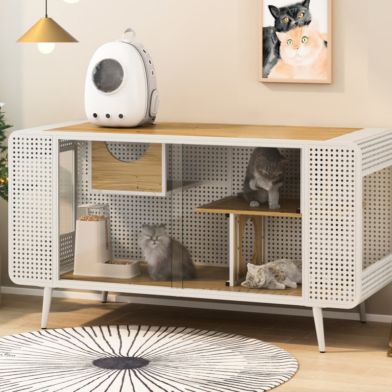 Maison pour chat en verre trempé, blanc - avec construction en bois de sapin ferme et structure en fer pour diverses pièces