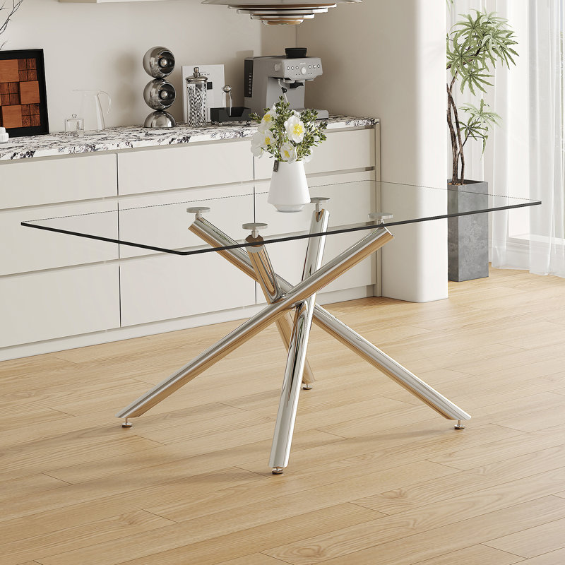Grande table de salle à manger rectangulaire moderne en verre minimaliste avec plateau en verre trempé de 0,39 po et pieds en métal chromé argenté, pour la salle à manger, le salon, la salle de réunion et la salle de banquet
