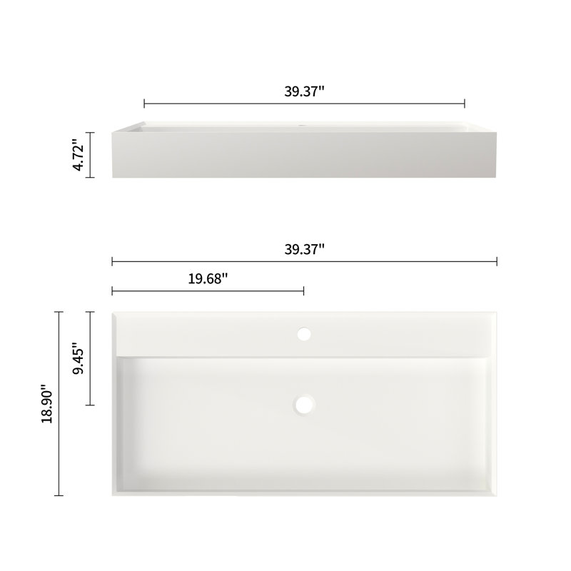 Lavabo de salle de bain en résine solide, blanc mat, hauteur 4,62 po, largeur 19,41 po, profondeur 39,74 po, 43,76 lb, adaptable aux préférences de conception, matériau à gratter, fixation murale ou de comptoir