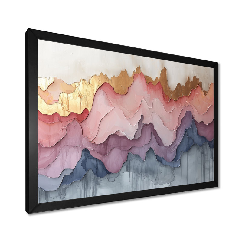 «Abstract Gold and Pink Ink River», art mural abstrait à encre liquide abstraite, Cadre simple, Noir, H 12 po x l 20 po