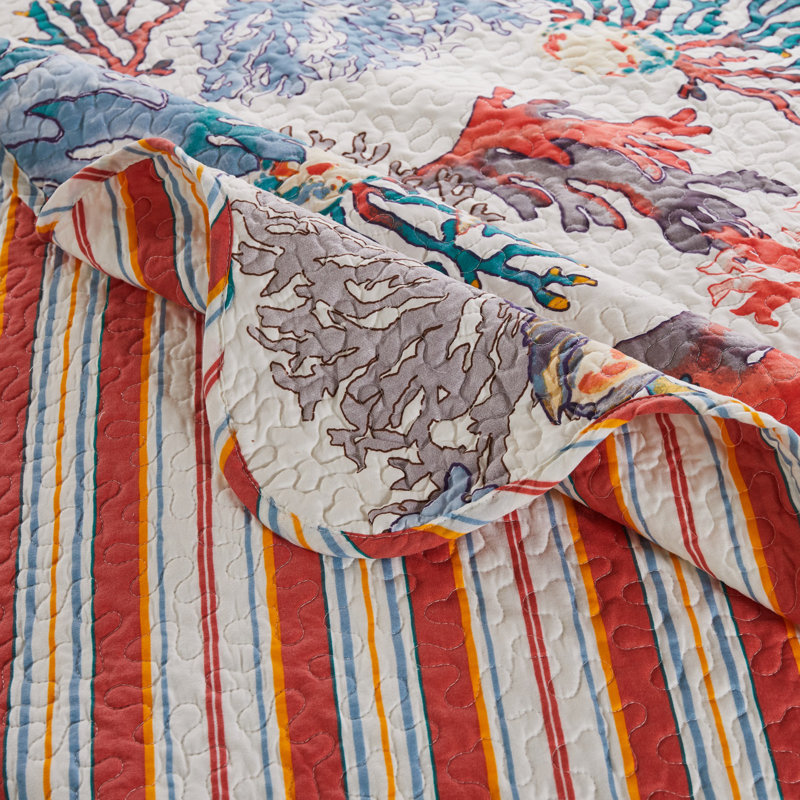 King Size Reversible Nautical Microfiber Quilt Set in Brown and Jade