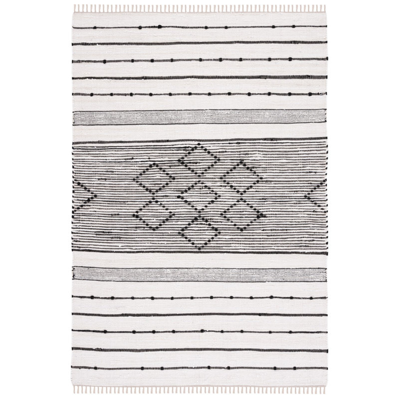 Tapis rayé kilim ivoire / noir STK203A, Rectangle de 5 pi x 8 pi