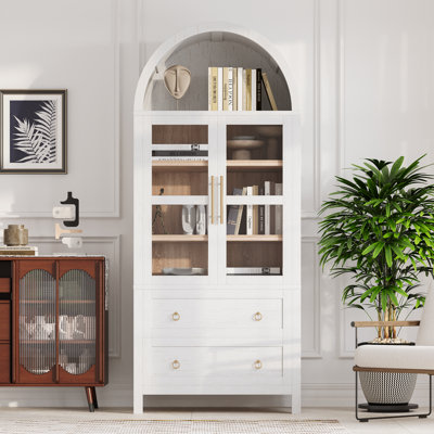 Garde-manger arqué de 71 po de hauteur avec 2 grands tiroirs, armoires de rangement de style campagne moderne avec tablettes réglables, porte vitrée,
