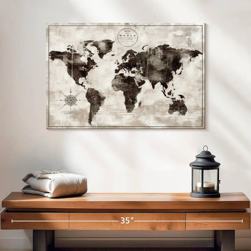 Aliaz Rustic World Map Black And White, 16" H x 24" W