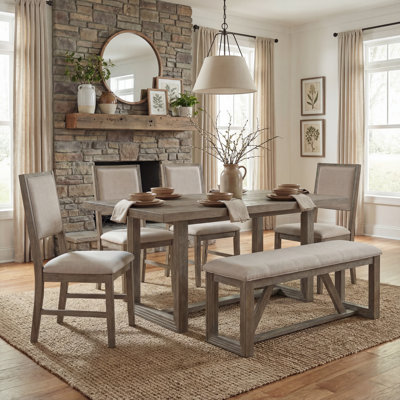Retro 6-Piece Dining Table Set with 60 Inch Rectangular Wood Table, 4 Chairs and 1 Bench, Trestle Base for Kitchen and Dining Room in Gray