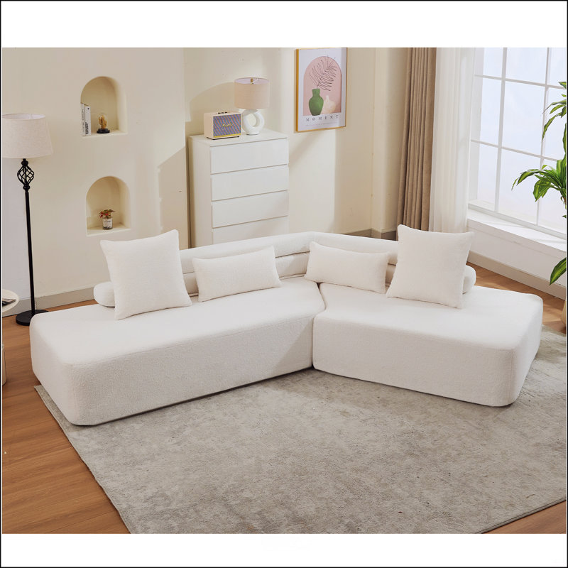 Modern 4-Seater Sectional Couch with four pillows, Beige Polyester Blend