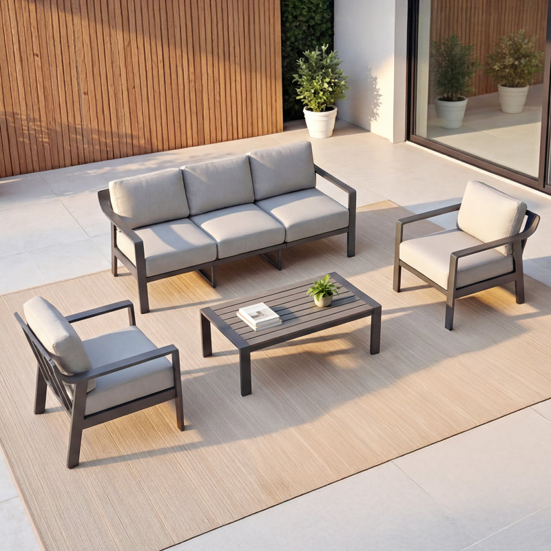Ensemble de conversation pour patio pour 5 personnes avec coussins, Coussin gris pâle/cadre noir