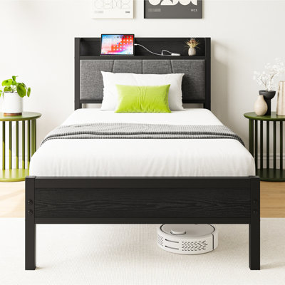 Lit simple avec rangement pour tête de lit et charge électrique - poids de 44,62 lb, solide et cadre pratique, garde la pièce bien rangée