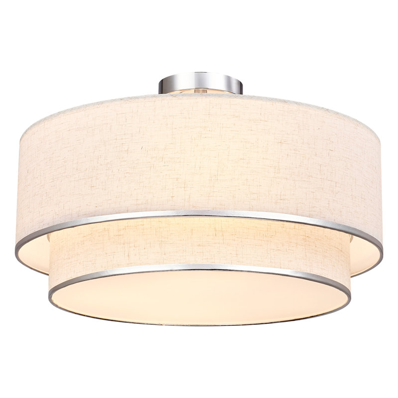 Plafonnier semi-encastré 3 lumières 20 po avec double abat-jour en tissu et bordure argentée