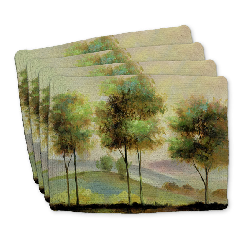 Ensemble de 4 napperons en polyester tressé | Décor d'arbres près du lac