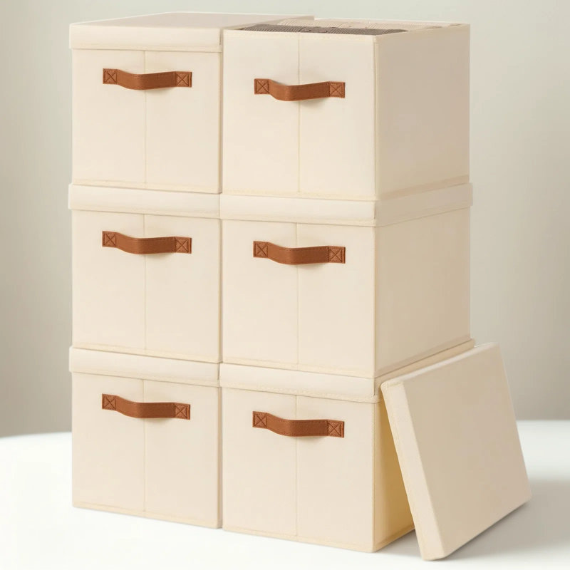 Bacs de rangement avec couvercles, 6 paniers de rangement pliables en tissu pour tablettes, boîtes de rangement empilables avec poignées pour la maison, la chambre de bébé, le dortoir, le placard et le salon