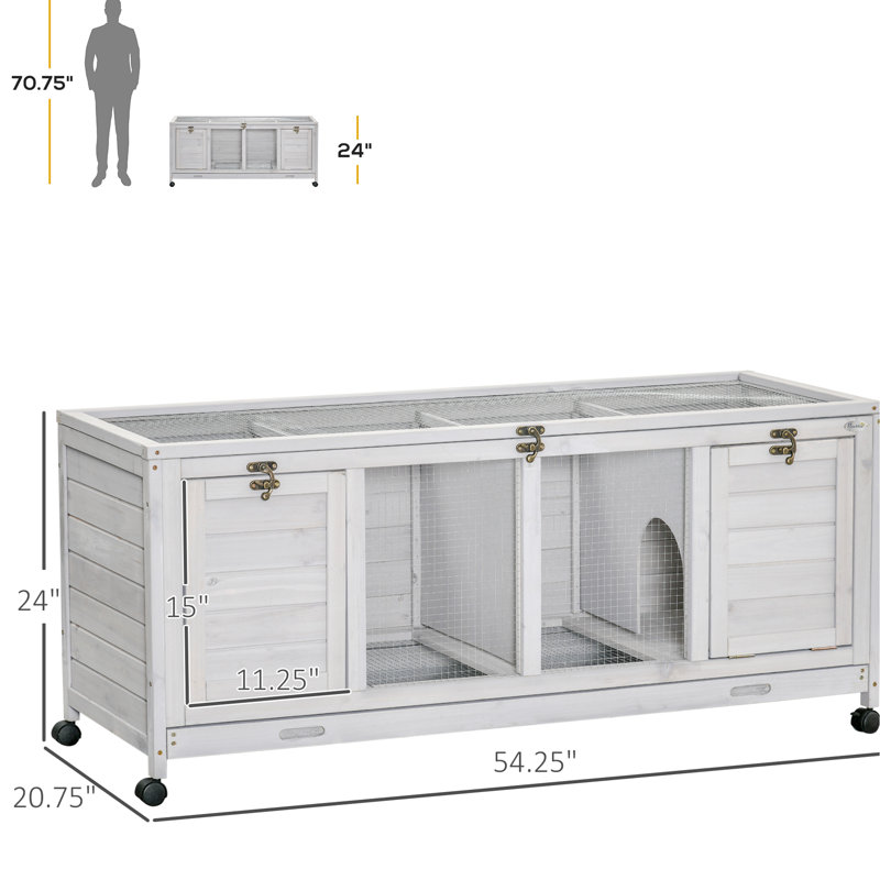 Lapin en bois gris avec roues mobiles et portes accessibles