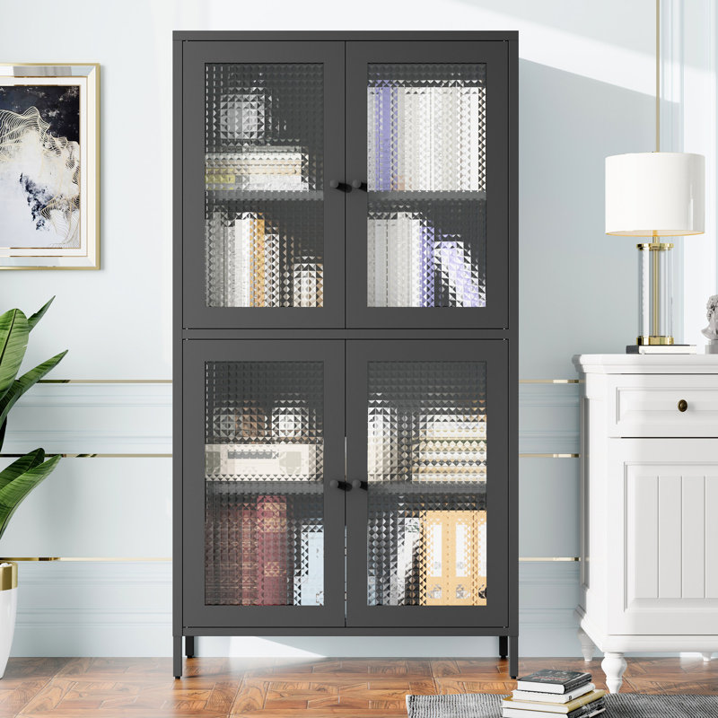 Classic Metal Cabinet With 4 Glass Doors For Home Office - Black Finish Freestanding Bookcase Tempered Living Room