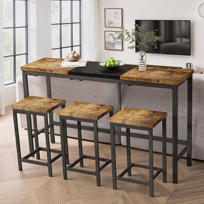 Table de salle à manger de cuisine moderne, table de pub, ensemble de table de salle à manger longue avec 3 tabourets, tabouret suspendu pratique, naturel et noir