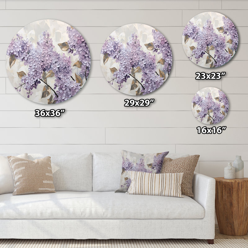 «Beautiful Lilac Dreamscape I», art mural floral rond en métal, H 29 po x l 29 po