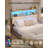 Headboard with 3-Tier Storage Shelves, Velvet Upholstered Head Board with 2 Outlets, USB Ports & LED Light, Soft Backrest-984979042-985306066