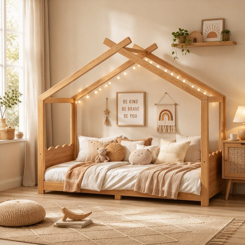 Lit cabane pleine grandeur avec sommier à lattes, cadre de lit en bois massif, Double, Naturel